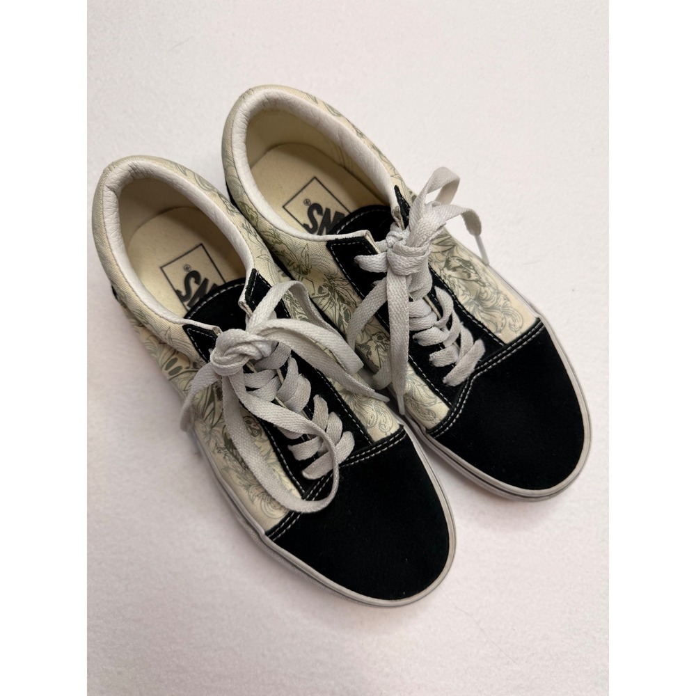 Vans Old Skool Skull Floral Print Sneakers‎ Black Suede Cream Canvas Womens 5.5M